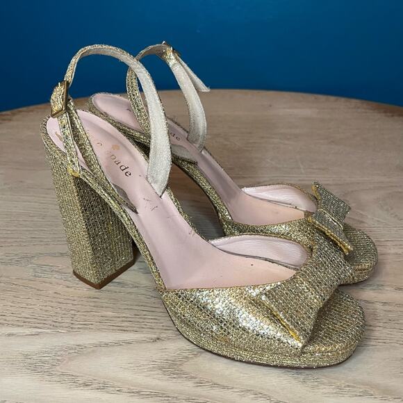 kate spade ♠️ new york Briana Platform Block Heel Gold Glitter Heels Women’s 7.5 - Picture 1 of 10